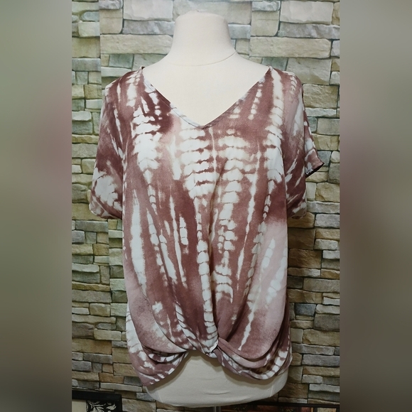 West Kei Tops - West Kei Large Mauve White Tie Dye Blouse Crop Twist Front
